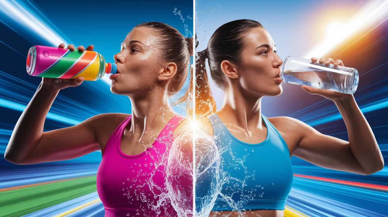 A conceptual illustration representing Beyond Water: Why Sports Drinks Beat Plain H2O. Visualize the main ideas: . Creative but clear representation of the concept. Style: photorealistic. high quality, detailed, professional, clean composition, good lighting, sharp focus, well-composed. high quality, professional, detailed, well-composed