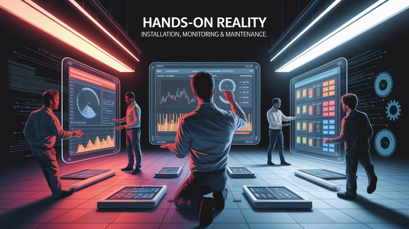 A conceptual illustration representing Hands-On Reality: Installation, Monitoring & Maintenance. Visualize the main ideas: . Creative but clear representation of the concept. Style: Visual Theme: Clean, modern aesthetic with high contrast and vibrant energy. Emphasize the intersect. high quality, detailed, professional, clean composition, good lighting, sharp focus, well-composed. high quality, professional, detailed, well-composed