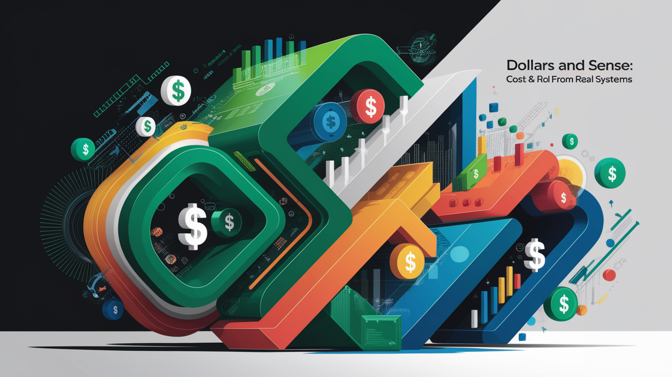 A conceptual illustration representing Dollars and Sense: Cost & ROI from Real Systems. Visualize the main ideas: . Creative but clear representation of the concept. Style: Visual Theme: Clean, modern aesthetic with high contrast and vibrant energy. Emphasize the intersect. high quality, detailed, professional, clean composition, good lighting, sharp focus, well-composed. high quality, professional, detailed, well-composed