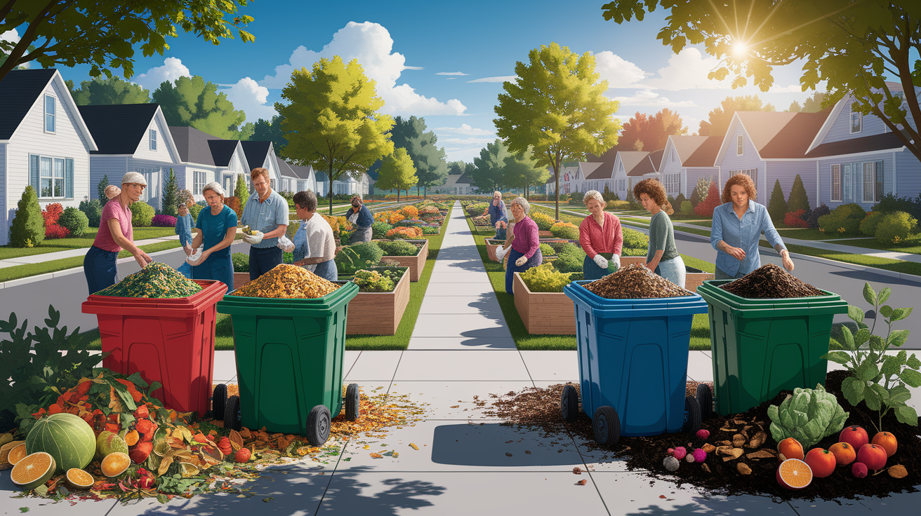 A conceptual illustration representing Local Composting Programs: Curbside and Beyond. Visualize the main ideas: . Creative but clear representation of the concept. Style: photorealistic. high quality, detailed, professional, clean composition, good lighting, sharp focus, well-composed. high quality, professional, detailed, well-composed