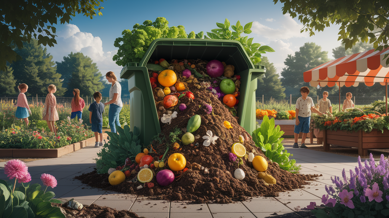 A conceptual illustration representing Why Compost Matters: Environmental and Economic Wins. Visualize the main ideas: . Creative but clear representation of the concept. Style: photorealistic. high quality, detailed, professional, clean composition, good lighting, sharp focus, well-composed. high quality, professional, detailed, well-composed