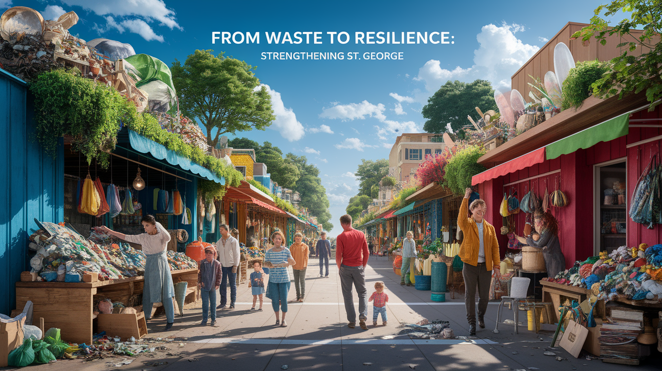 A conceptual illustration representing From Waste to Resilience: Strengthening St. George. Visualize the main ideas: . Creative but clear representation of the concept. Style: photorealistic. high quality, detailed, professional, clean composition, good lighting, sharp focus, well-composed. high quality, professional, detailed, well-composed
