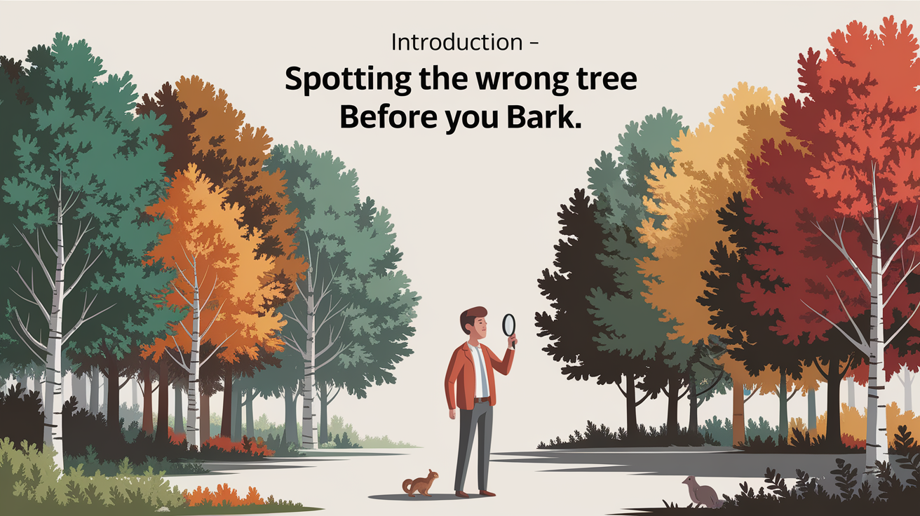 A conceptual illustration representing Introduction - Spotting the Wrong Tree Before You Bark. Visualize the main ideas: . Creative but clear representation of the concept. Style: photorealistic. high quality, detailed, professional, clean composition, good lighting, sharp focus, well-composed. high quality, professional, detailed, well-composed