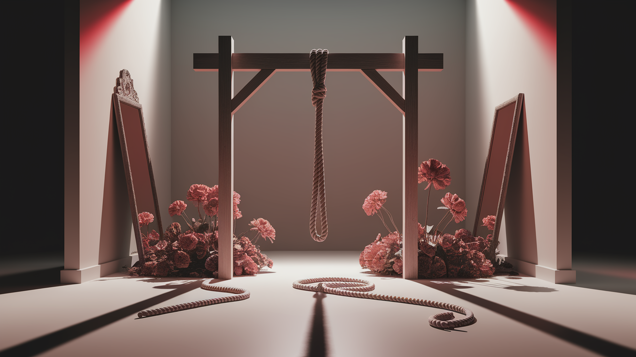 A conceptual illustration representing The Gallows Theory &acirc;€“ Suicide by Hanging. Visualize the main ideas: . Creative but clear representation of the concept. Style: photorealistic. high quality, detailed, professional, clean composition, good lighting, sharp focus, well-composed. high quality, professional, detailed, well-composed
