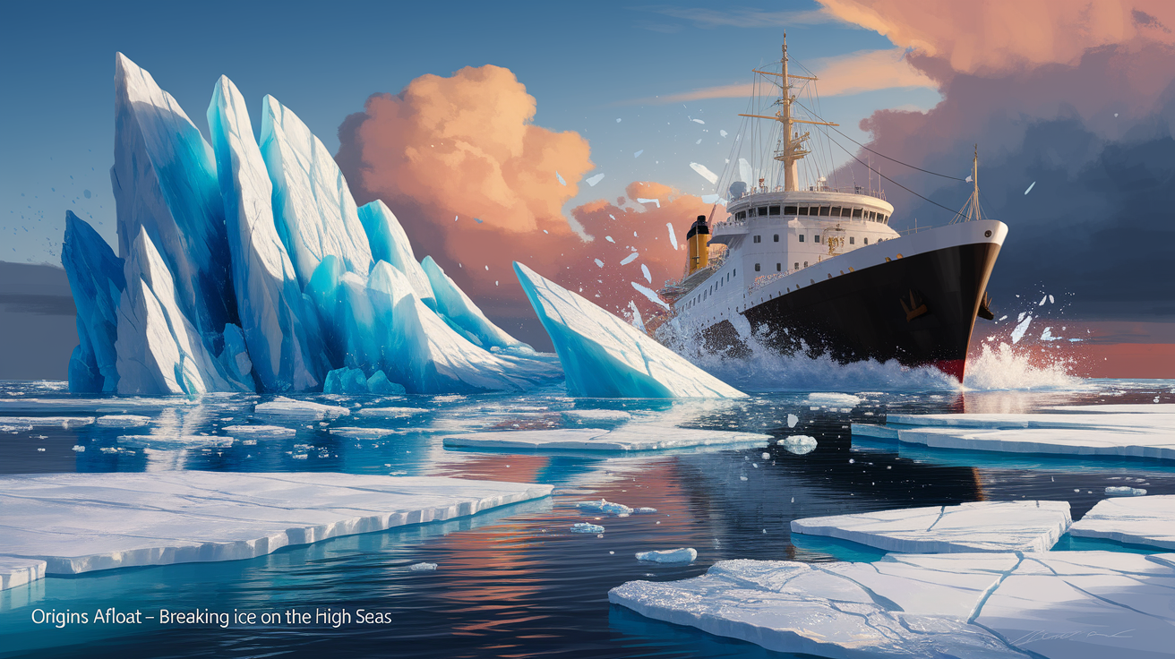 A conceptual illustration representing Origins Afloat – Breaking Ice on the High Seas. Visualize the main ideas: . Creative but clear representation of the concept. Style: photorealistic. high quality, detailed, professional, clean composition, good lighting, sharp focus, well-composed. high quality, professional, detailed, well-composed