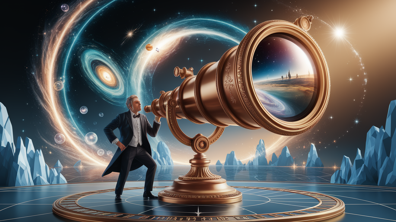 A conceptual illustration representing Nelson&acirc;€™s Telescopic Trick. Visualize the main ideas: . Creative but clear representation of the concept. Style: photorealistic. high quality, detailed, professional, clean composition, good lighting, sharp focus, well-composed. high quality, professional, detailed, well-composed