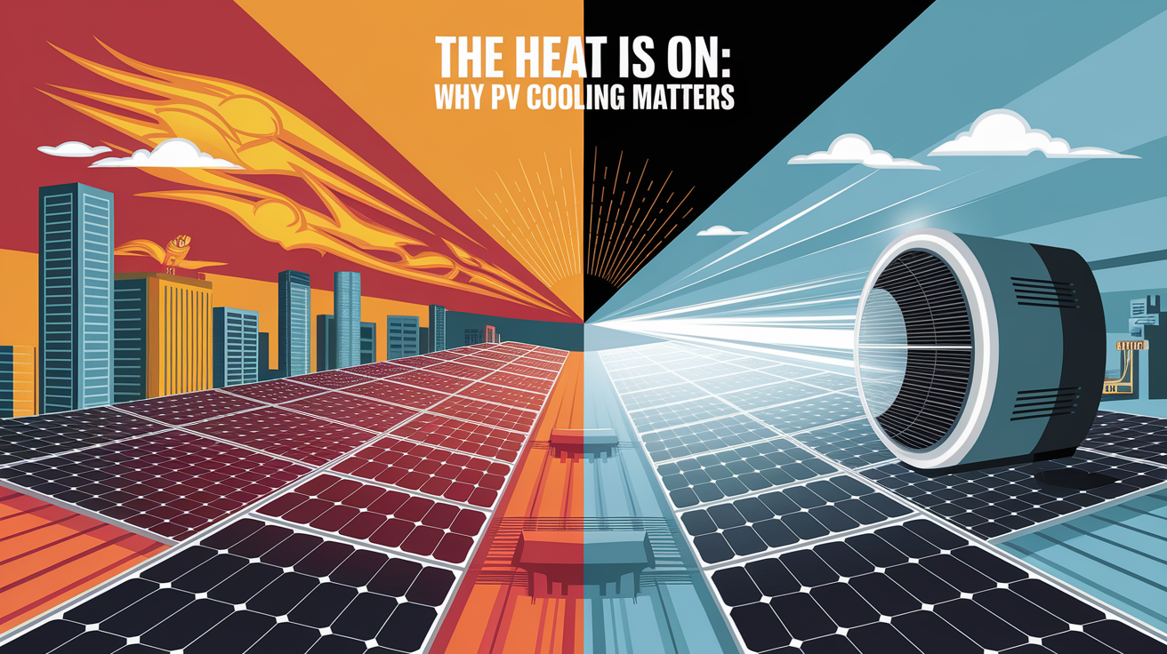 A conceptual illustration representing Introduction â€“ The Heat Is On: Why PV Cooling Matters. Visualize the main ideas: . Creative but clear representation of the concept. Style: Visual Theme: Clean, modern aesthetic with high contrast and vibrant energy. Emphasize the intersect. high quality, detailed, professional, clean composition, good lighting, sharp focus, well-composed. high quality, professional, detailed, well-composed