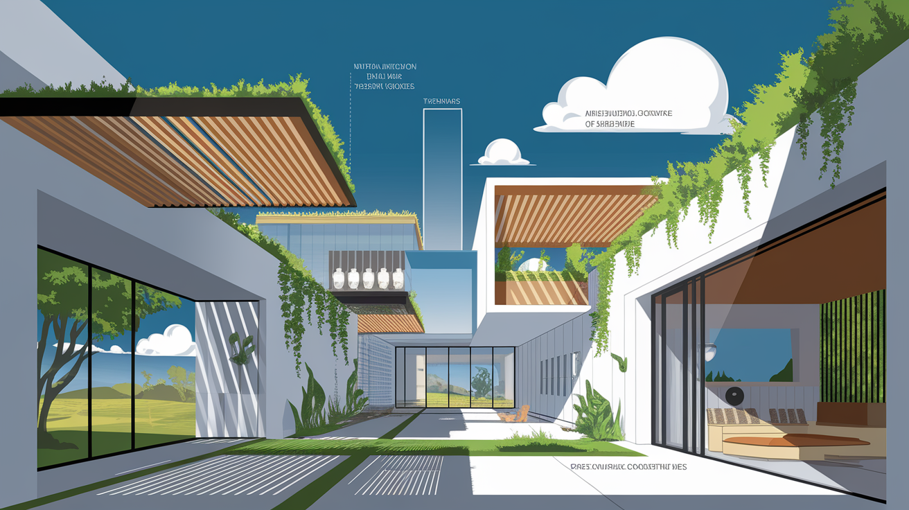 A conceptual illustration representing Passive Cooling Methods. Visualize the main ideas: . Creative but clear representation of the concept. Style: Visual Theme: Clean, modern aesthetic with high contrast and vibrant energy. Emphasize the intersect. high quality, detailed, professional, clean composition, good lighting, sharp focus, well-composed. high quality, professional, detailed, well-composed