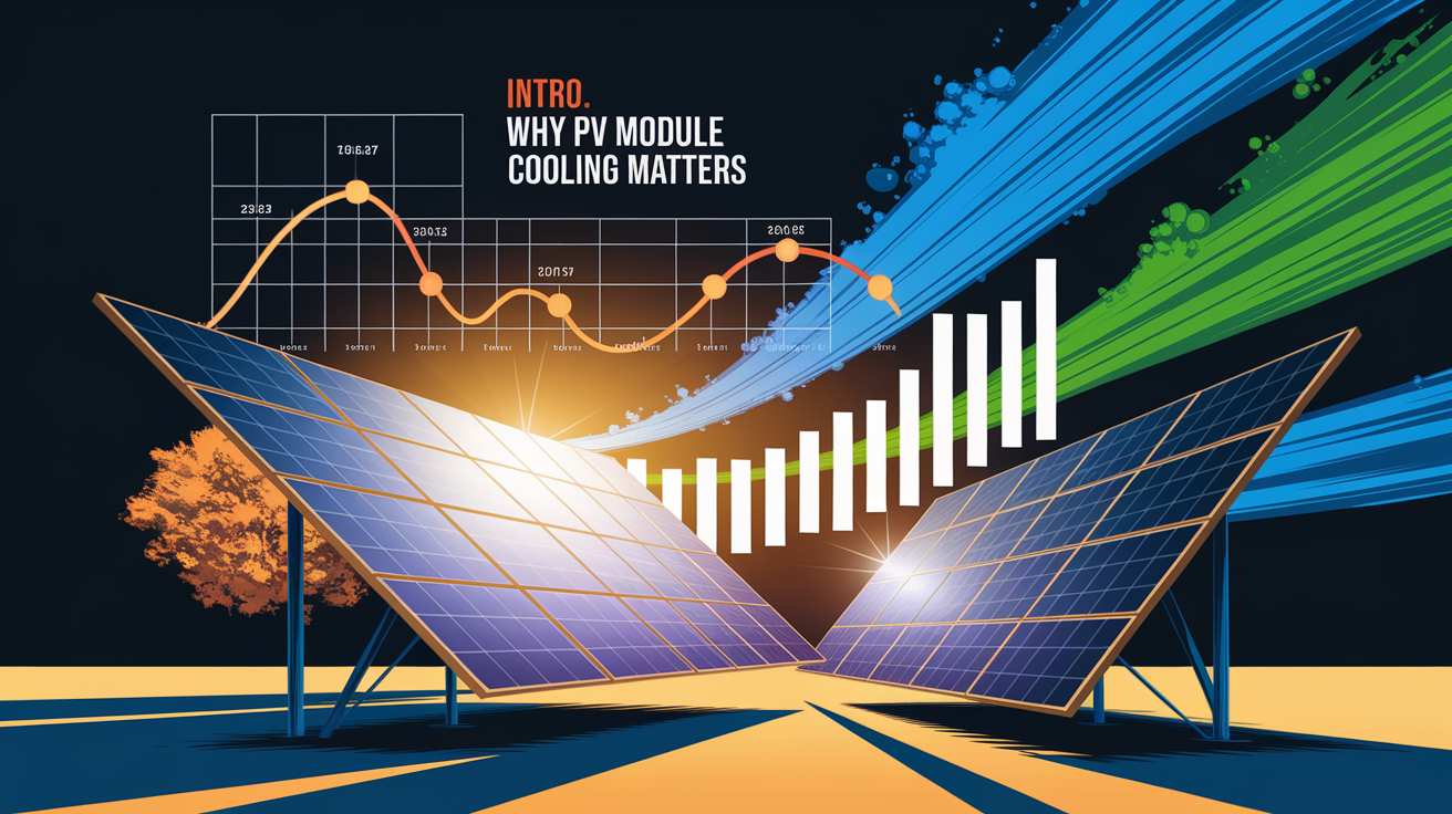 A conceptual illustration representing Intro: Why PV Module Cooling Matters. Visualize the main ideas: . Creative but clear representation of the concept. Style: Visual Theme: Clean, modern aesthetic with high contrast and vibrant energy. Emphasize the intersect. high quality, detailed, professional, clean composition, good lighting, sharp focus, well-composed. high quality, professional, detailed, well-composed