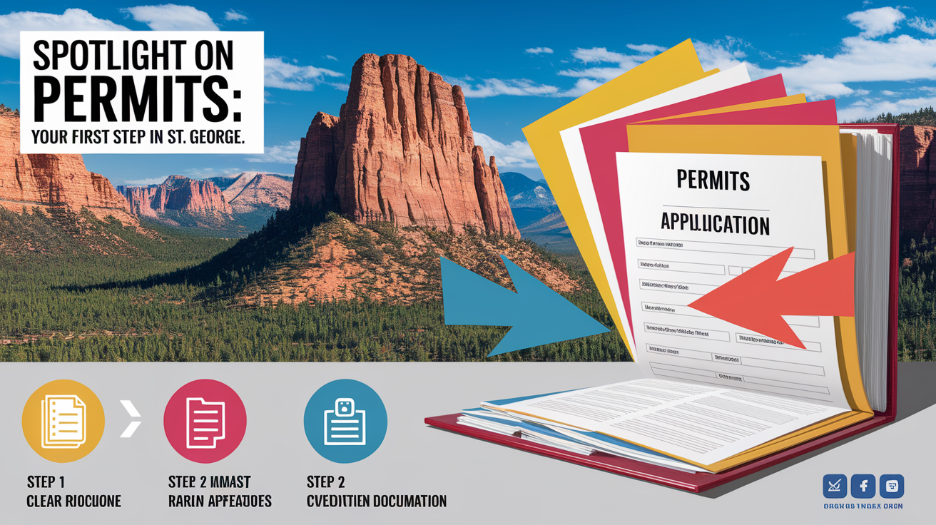 A clear, step-by-step visual illustration showing Spotlight on Permits: Your First Step in St. George. Focus on . Include visual elements like arrows, numbered steps, or sequential flow. Professional and instructional style. Style: photorealistic. high quality, detailed, professional, clean composition, good lighting, sharp focus, well-composed. high quality, professional, detailed, well-composed