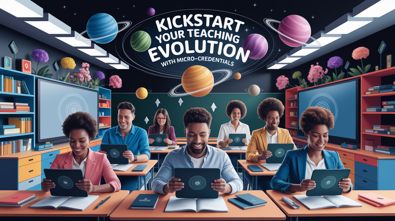 A conceptual illustration representing Kickstart Your Teaching Evolution with Micro-Credentials. Visualize the main ideas: . Creative but clear representation of the concept. Style: photorealistic. high quality, detailed, professional, clean composition, good lighting, sharp focus, well-composed. high quality, professional, detailed, well-composed
