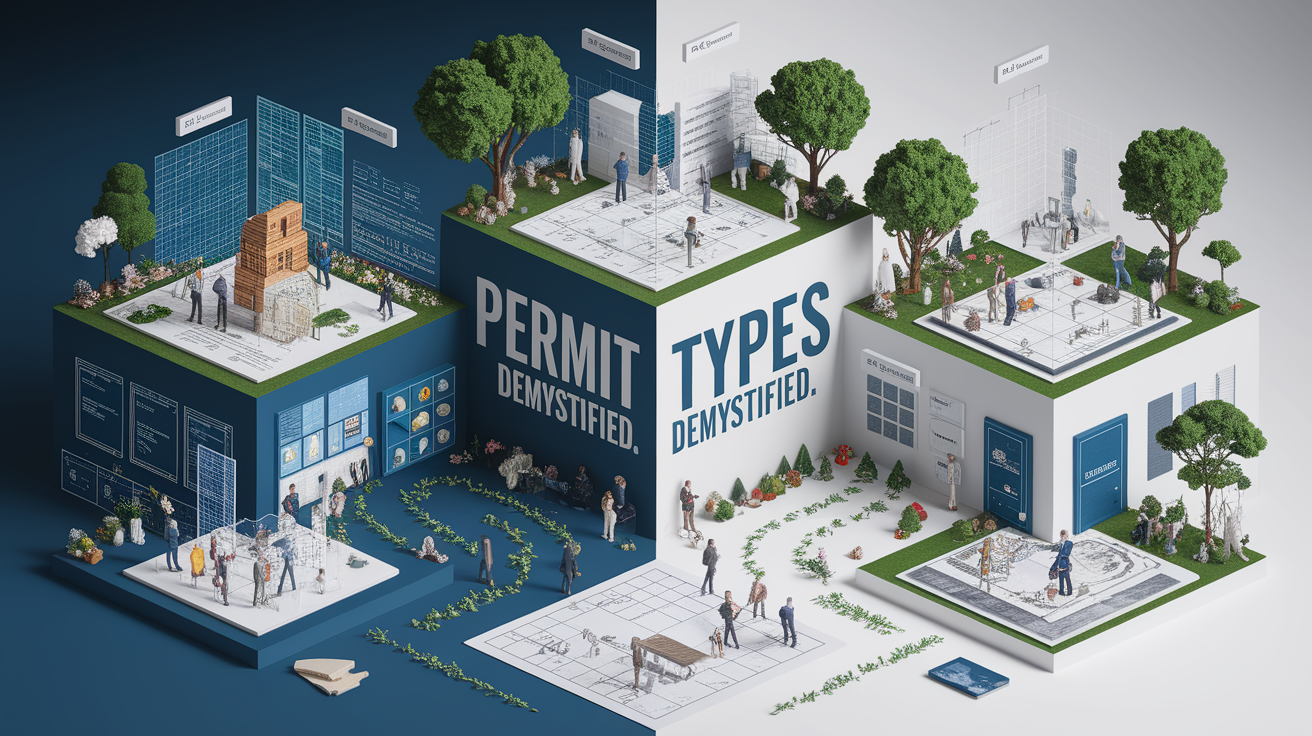 A conceptual illustration representing Permit Types Demystified. Visualize the main ideas: . Creative but clear representation of the concept. Style: photorealistic. high quality, detailed, professional, clean composition, good lighting, sharp focus, well-composed. high quality, professional, detailed, well-composed