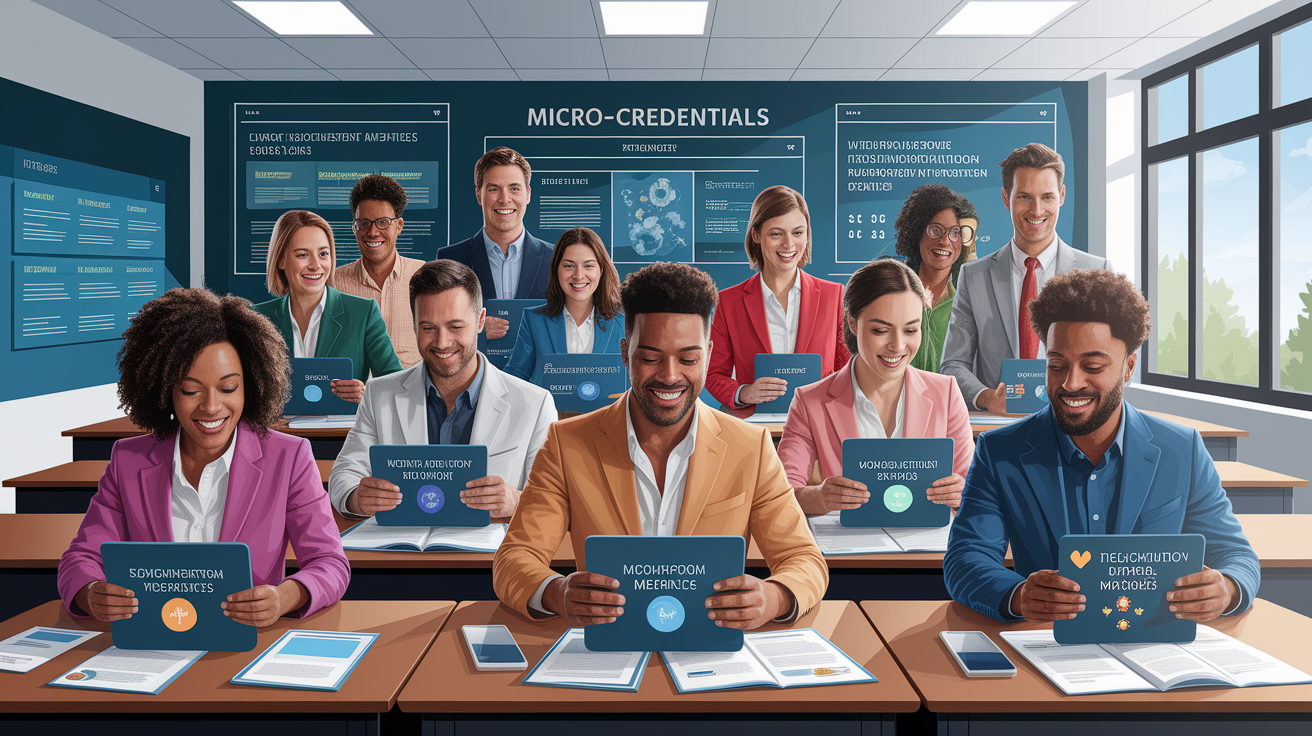 A conceptual illustration representing Core Benefits of Micro-Credentials for Teacher Growth. Visualize the main ideas: . Creative but clear representation of the concept. Style: photorealistic. high quality, detailed, professional, clean composition, good lighting, sharp focus, well-composed. high quality, professional, detailed, well-composed