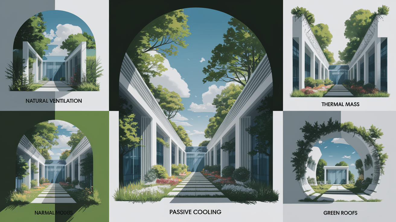 A conceptual illustration representing Passive Cooling Techniques. Visualize the main ideas: . Creative but clear representation of the concept. Style: Visual Theme: Clean, modern aesthetic with high contrast and vibrant energy. Emphasize the intersect. high quality, detailed, professional, clean composition, good lighting, sharp focus, well-composed. high quality, professional, detailed, well-composed