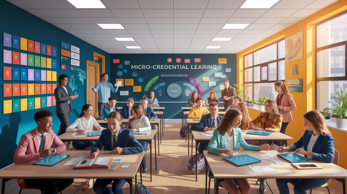 A conceptual illustration representing Applying Micro-Credential Learning in the Classroom. Visualize the main ideas: . Creative but clear representation of the concept. Style: photorealistic. high quality, detailed, professional, clean composition, good lighting, sharp focus, well-composed. high quality, professional, detailed, well-composed