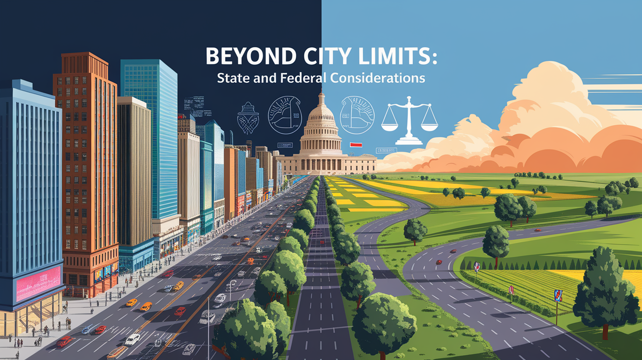 A conceptual illustration representing Beyond City Limits: State and Federal Considerations. Visualize the main ideas: . Creative but clear representation of the concept. Style: photorealistic. high quality, detailed, professional, clean composition, good lighting, sharp focus, well-composed. high quality, professional, detailed, well-composed