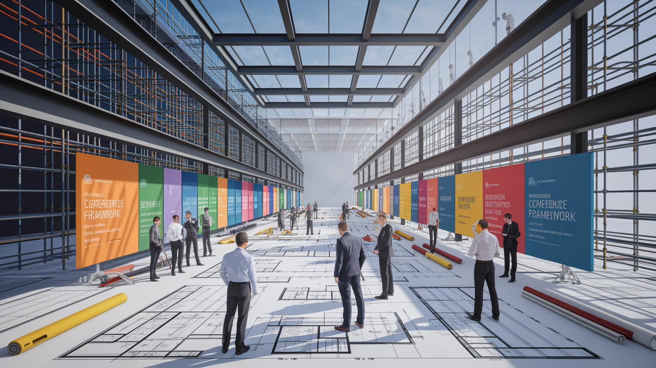 A conceptual illustration representing Building the Conference Framework. Visualize the main ideas: . Creative but clear representation of the concept. Style: photorealistic. high quality, detailed, professional, clean composition, good lighting, sharp focus, well-composed. high quality, professional, detailed, well-composed