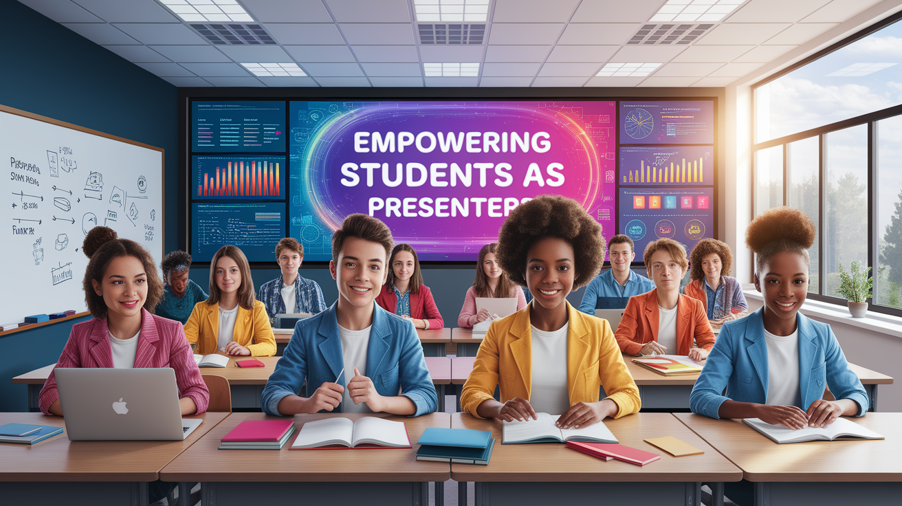 A conceptual illustration representing Empowering Students as Presenters. Visualize the main ideas: . Creative but clear representation of the concept. Style: photorealistic. high quality, detailed, professional, clean composition, good lighting, sharp focus, well-composed. high quality, professional, detailed, well-composed
