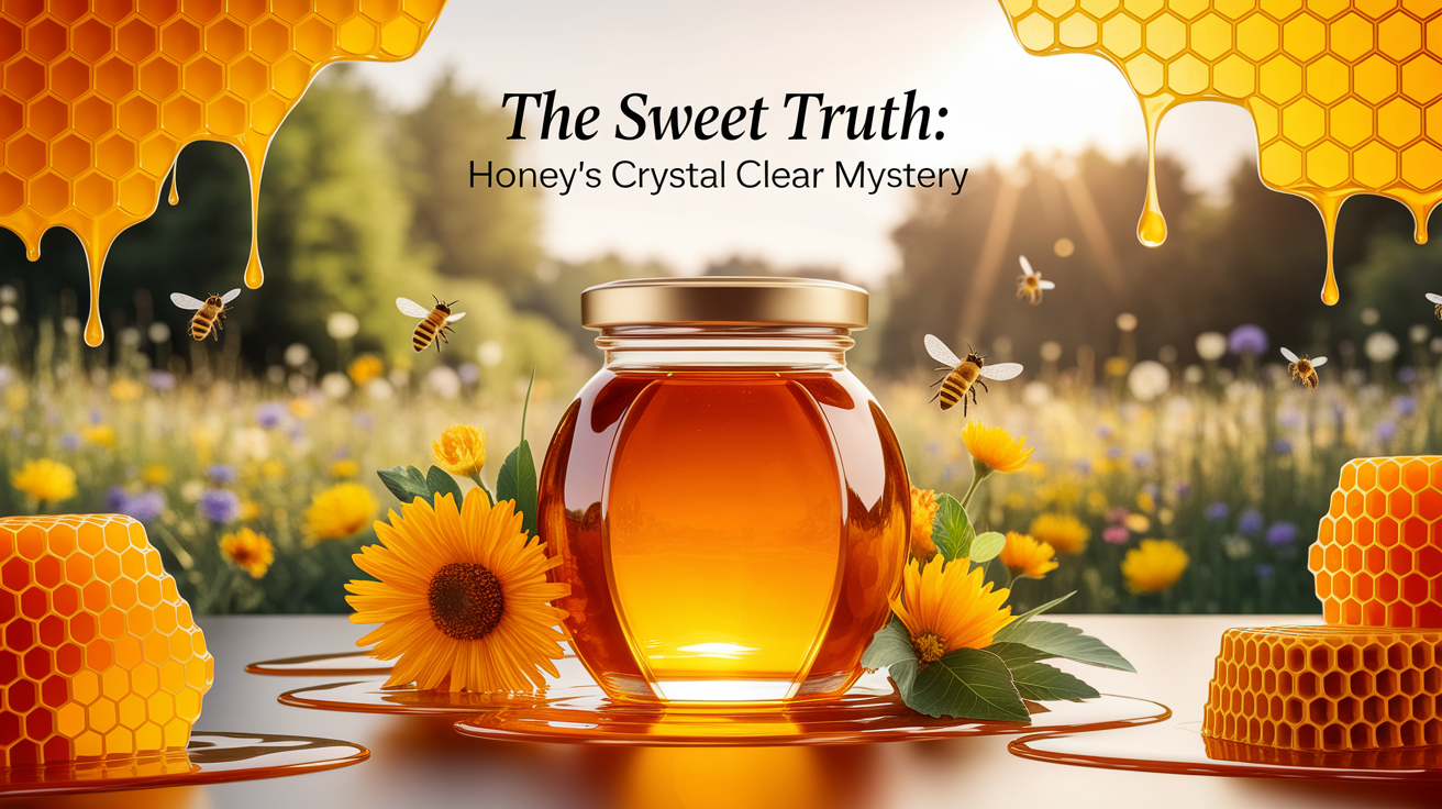 A conceptual illustration representing The Sweet Truth: Honey’s Crystal Clear Mystery. Visualize the main ideas: . Creative but clear representation of the concept. Style: photorealistic. high quality, detailed, professional, clean composition, good lighting, sharp focus, well-composed. high quality, professional, detailed, well-composed