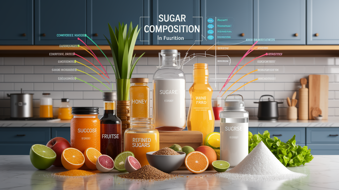 A conceptual illustration representing Role of Sugar Composition. Visualize the main ideas: . Creative but clear representation of the concept. Style: photorealistic. high quality, detailed, professional, clean composition, good lighting, sharp focus, well-composed. high quality, professional, detailed, well-composed