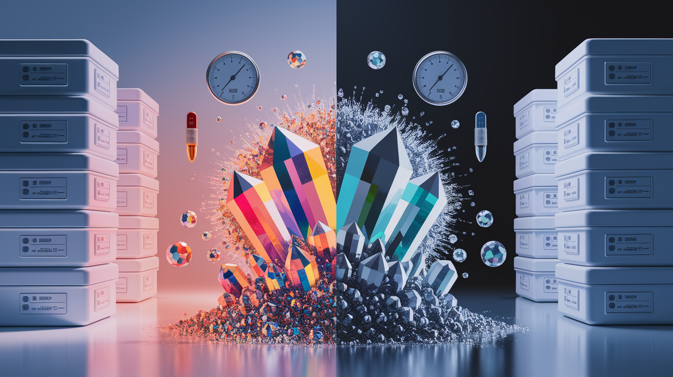 A conceptual illustration representing How Storage Conditions Affect Crystallization. Visualize the main ideas: . Creative but clear representation of the concept. Style: photorealistic. high quality, detailed, professional, clean composition, good lighting, sharp focus, well-composed. high quality, professional, detailed, well-composed