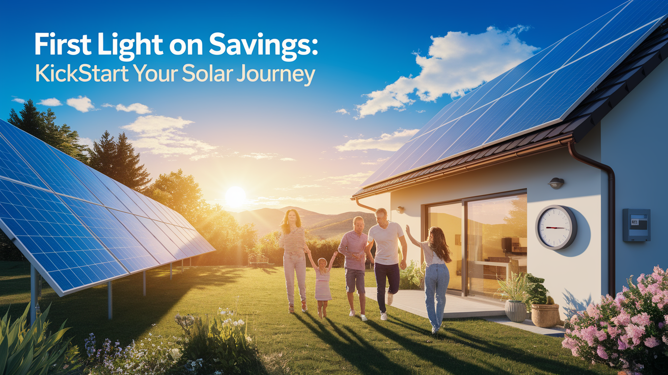 A conceptual illustration representing First Light on Savings: Kickstart Your Solar Journey. Visualize the main ideas: . Creative but clear representation of the concept. Style: photorealistic. high quality, detailed, professional, clean composition, good lighting, sharp focus, well-composed. high quality, professional, detailed, well-composed