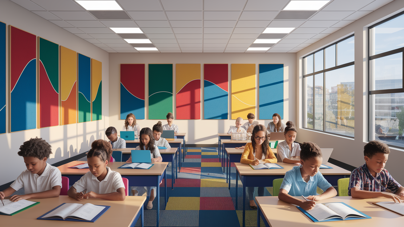 A conceptual illustration representing Tuned to Learn: Why Classroom Acoustics Matter for Sensory Design. Visualize the main ideas: . Creative but clear representation of the concept. Style: photorealistic. high quality, detailed, professional, clean composition, good lighting, sharp focus, well-composed. high quality, professional, detailed, well-composed