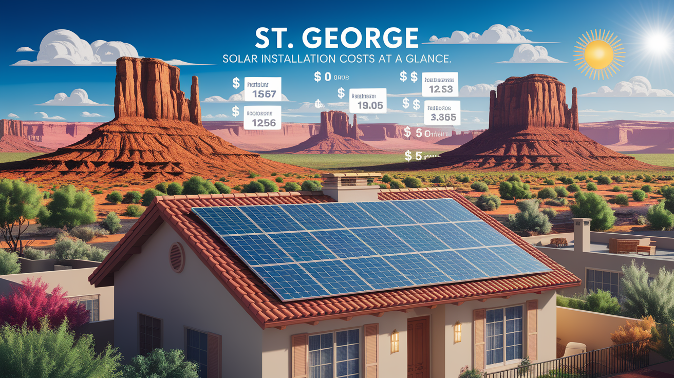 A conceptual illustration representing St. George Solar Installation Costs at a Glance. Visualize the main ideas: . Creative but clear representation of the concept. Style: photorealistic. high quality, detailed, professional, clean composition, good lighting, sharp focus, well-composed. high quality, professional, detailed, well-composed