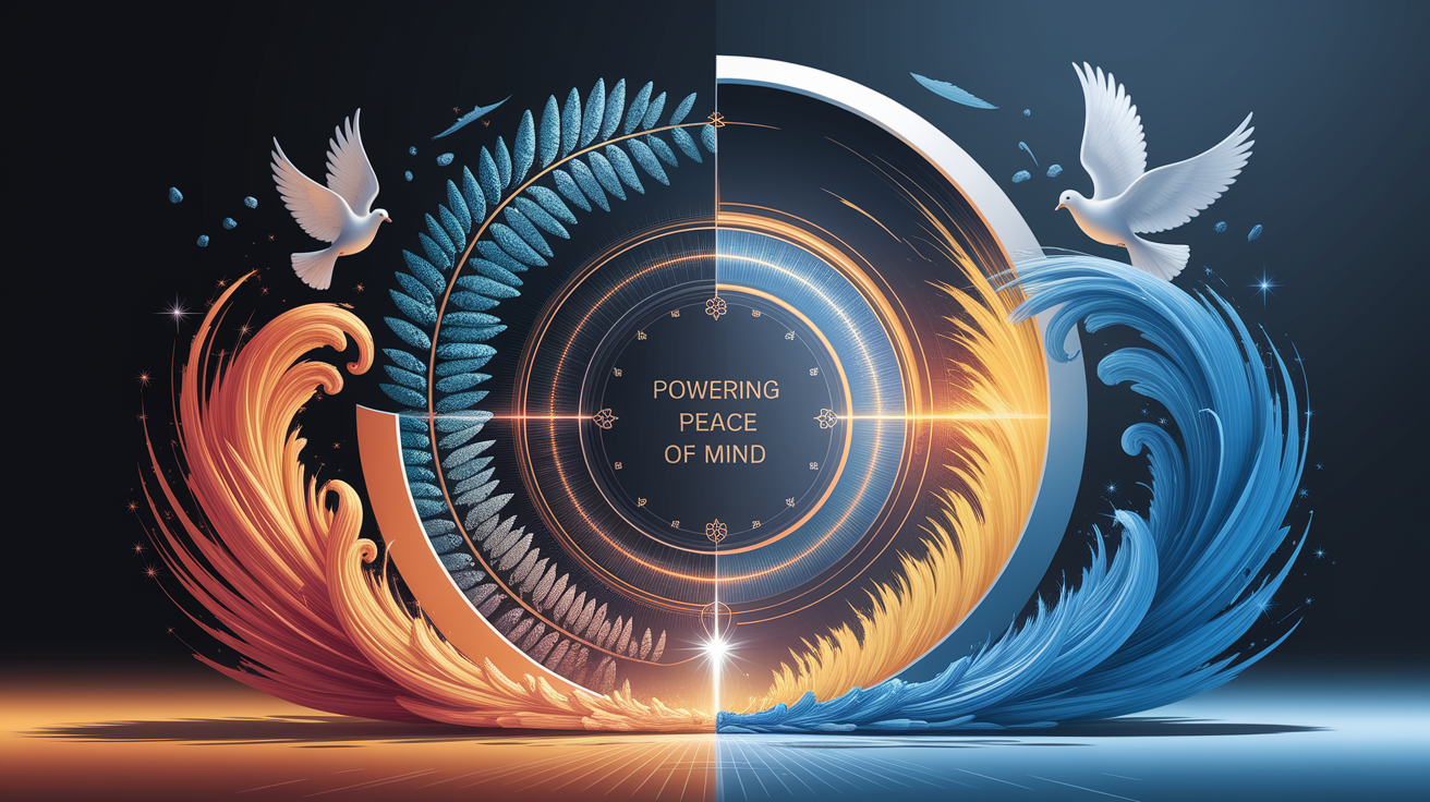 A conceptual illustration representing Powering Peace of Mind. Visualize the main ideas: . Creative but clear representation of the concept. Style: Visual Theme: Clean, modern aesthetic with high contrast and vibrant energy. Emphasize the intersect. high quality, detailed, professional, clean composition, good lighting, sharp focus, well-composed. high quality, professional, detailed, well-composed