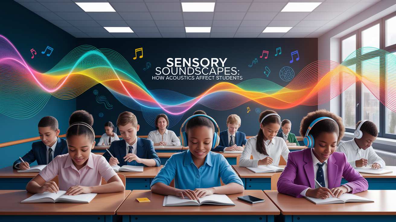 A conceptual illustration representing Sensory Soundscapes: How Acoustics Affect Students. Visualize the main ideas: . Creative but clear representation of the concept. Style: photorealistic. high quality, detailed, professional, clean composition, good lighting, sharp focus, well-composed. high quality, professional, detailed, well-composed