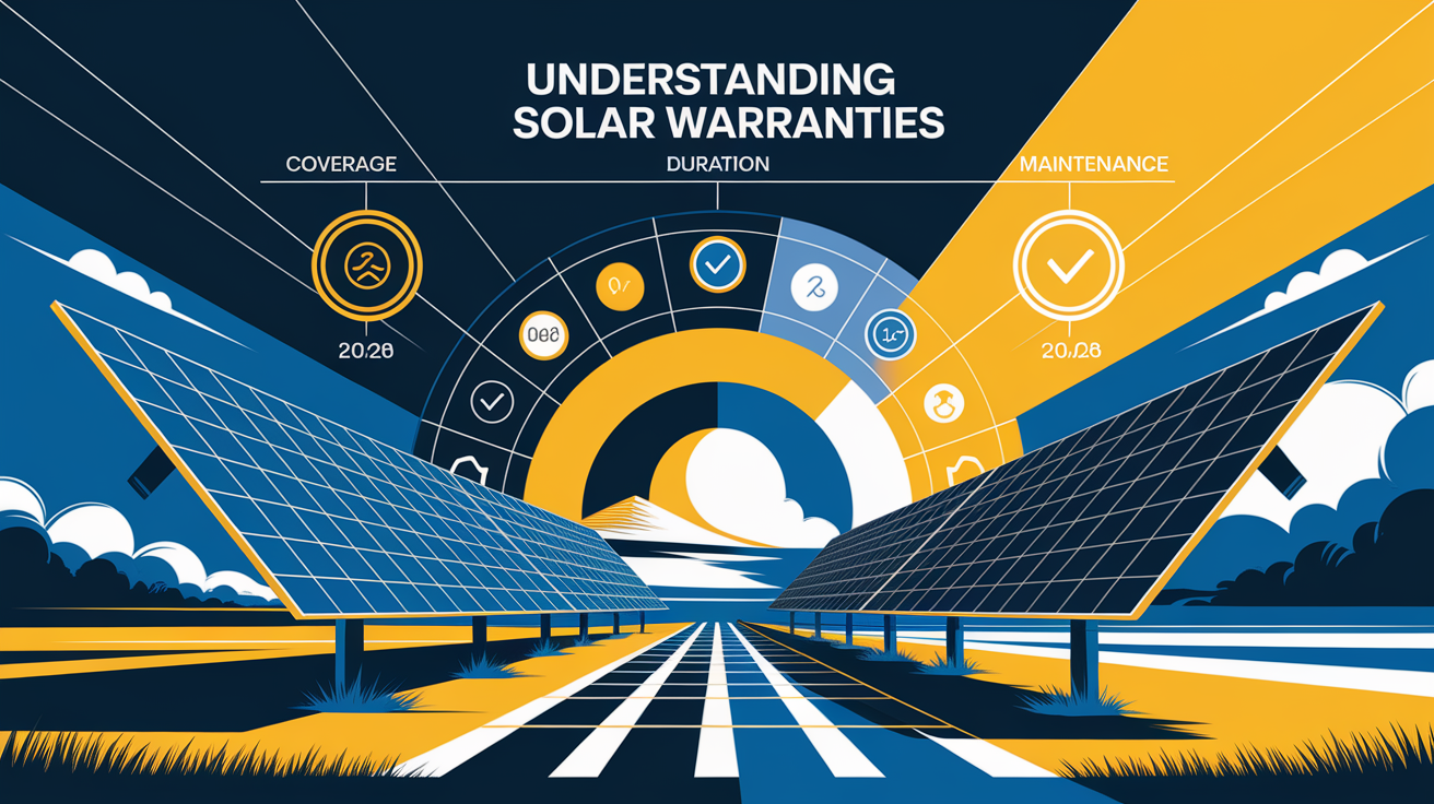 A conceptual illustration representing Understanding Solar Warranties. Visualize the main ideas: . Creative but clear representation of the concept. Style: Visual Theme: Clean, modern aesthetic with high contrast and vibrant energy. Emphasize the intersect. high quality, detailed, professional, clean composition, good lighting, sharp focus, well-composed. high quality, professional, detailed, well-composed