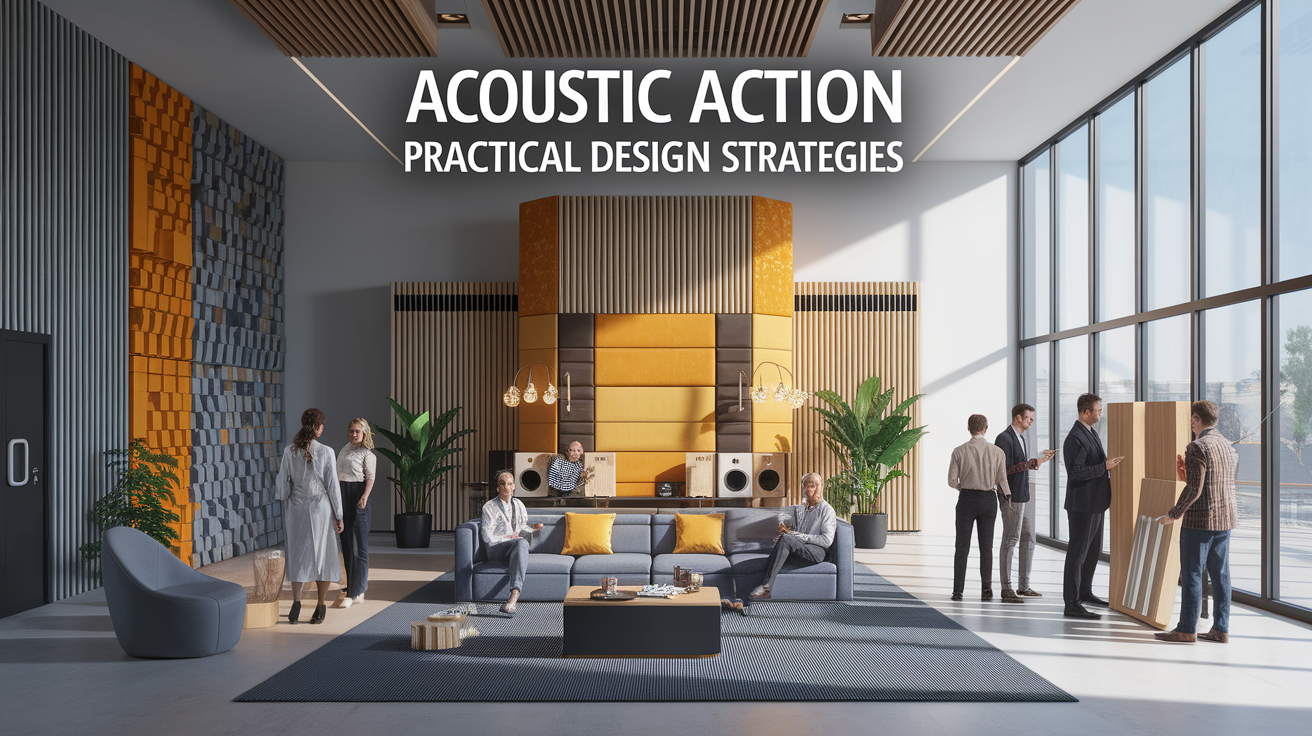 A conceptual illustration representing Acoustic Action: Practical Design Strategies. Visualize the main ideas: . Creative but clear representation of the concept. Style: photorealistic. high quality, detailed, professional, clean composition, good lighting, sharp focus, well-composed. high quality, professional, detailed, well-composed