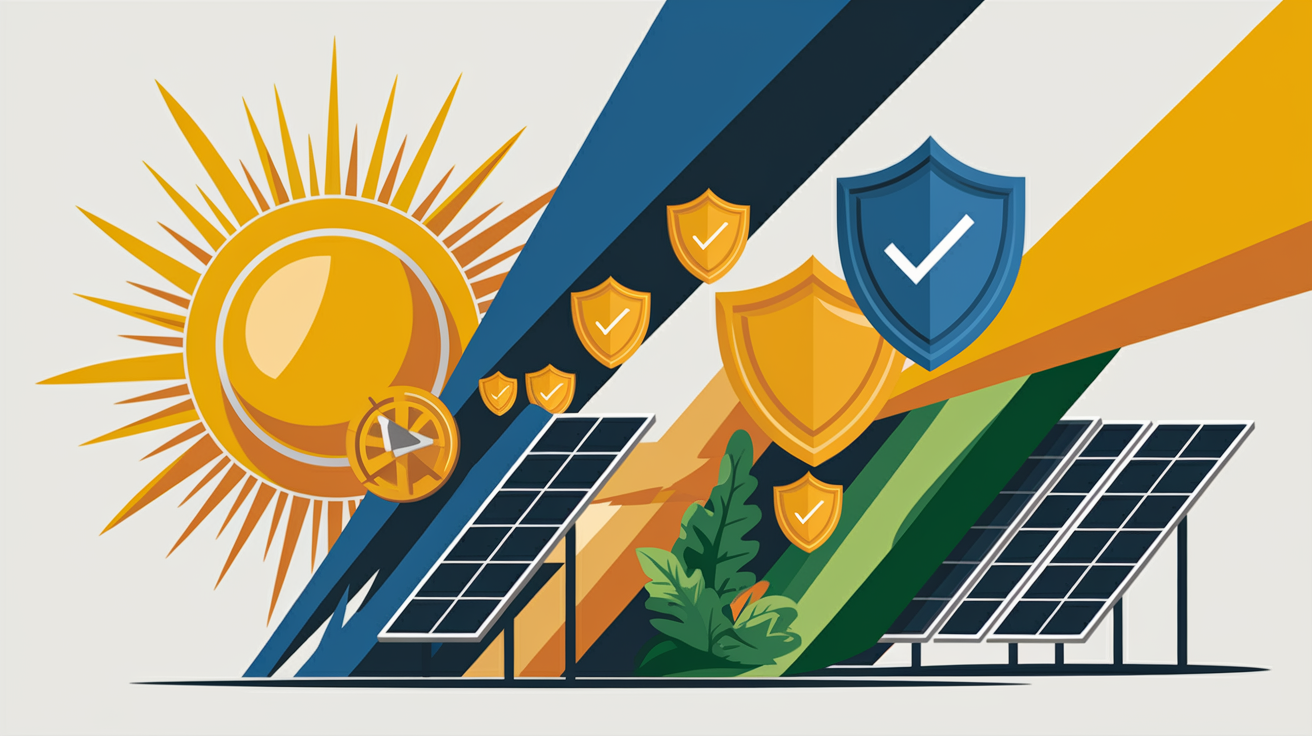 A conceptual illustration representing Demystifying Solar Insurance. Visualize the main ideas: . Creative but clear representation of the concept. Style: Visual Theme: Clean, modern aesthetic with high contrast and vibrant energy. Emphasize the intersect. high quality, detailed, professional, clean composition, good lighting, sharp focus, well-composed. high quality, professional, detailed, well-composed