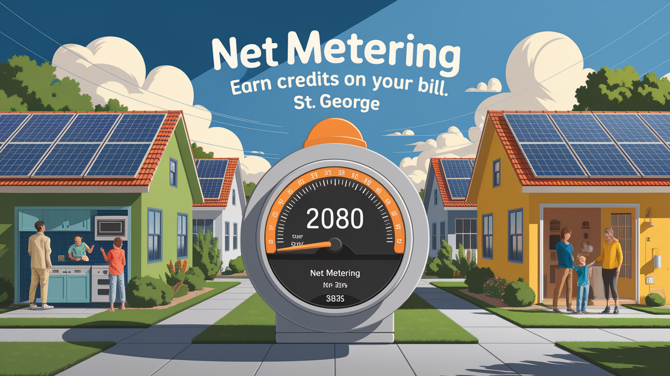 A conceptual illustration representing Net Metering in St. George: Earn Credits on Your Bill. Visualize the main ideas: . Creative but clear representation of the concept. Style: photorealistic. high quality, detailed, professional, clean composition, good lighting, sharp focus, well-composed. high quality, professional, detailed, well-composed