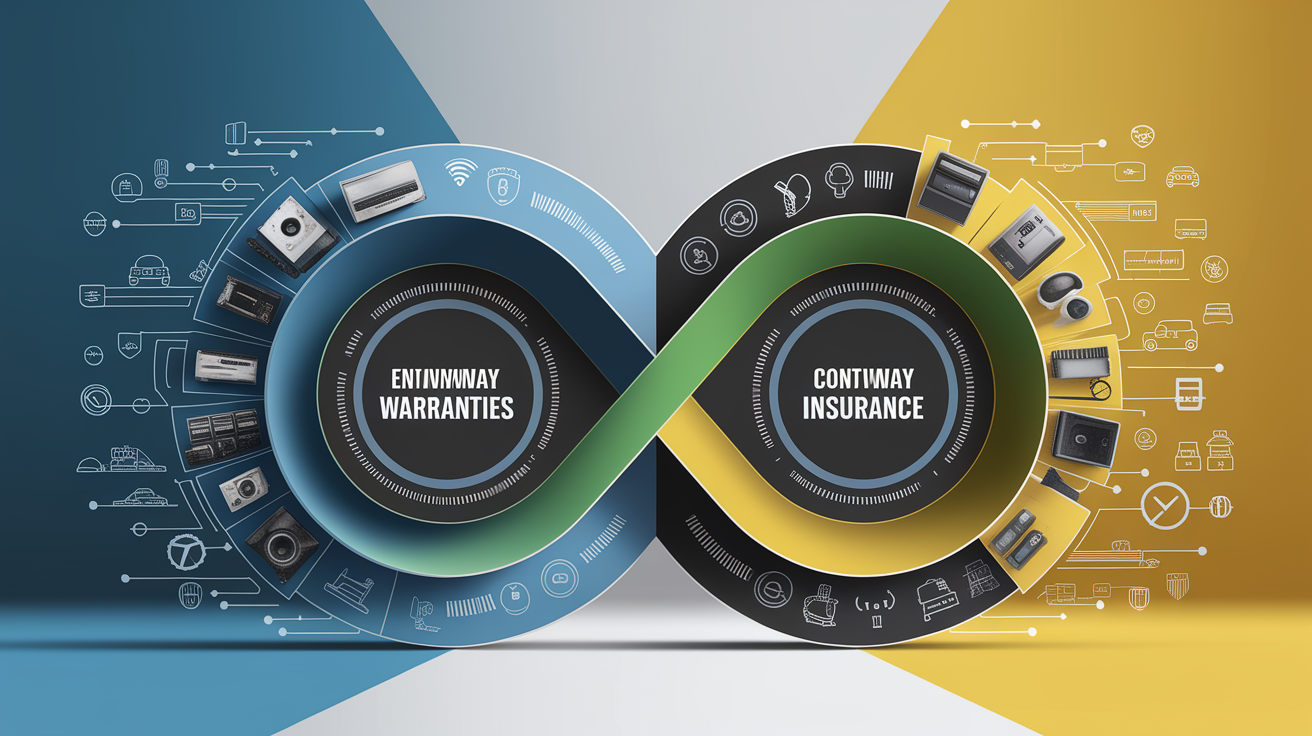 A conceptual illustration representing How Warranties and Insurance Work Together. Visualize the main ideas: . Creative but clear representation of the concept. Style: Visual Theme: Clean, modern aesthetic with high contrast and vibrant energy. Emphasize the intersect. high quality, detailed, professional, clean composition, good lighting, sharp focus, well-composed. high quality, professional, detailed, well-composed