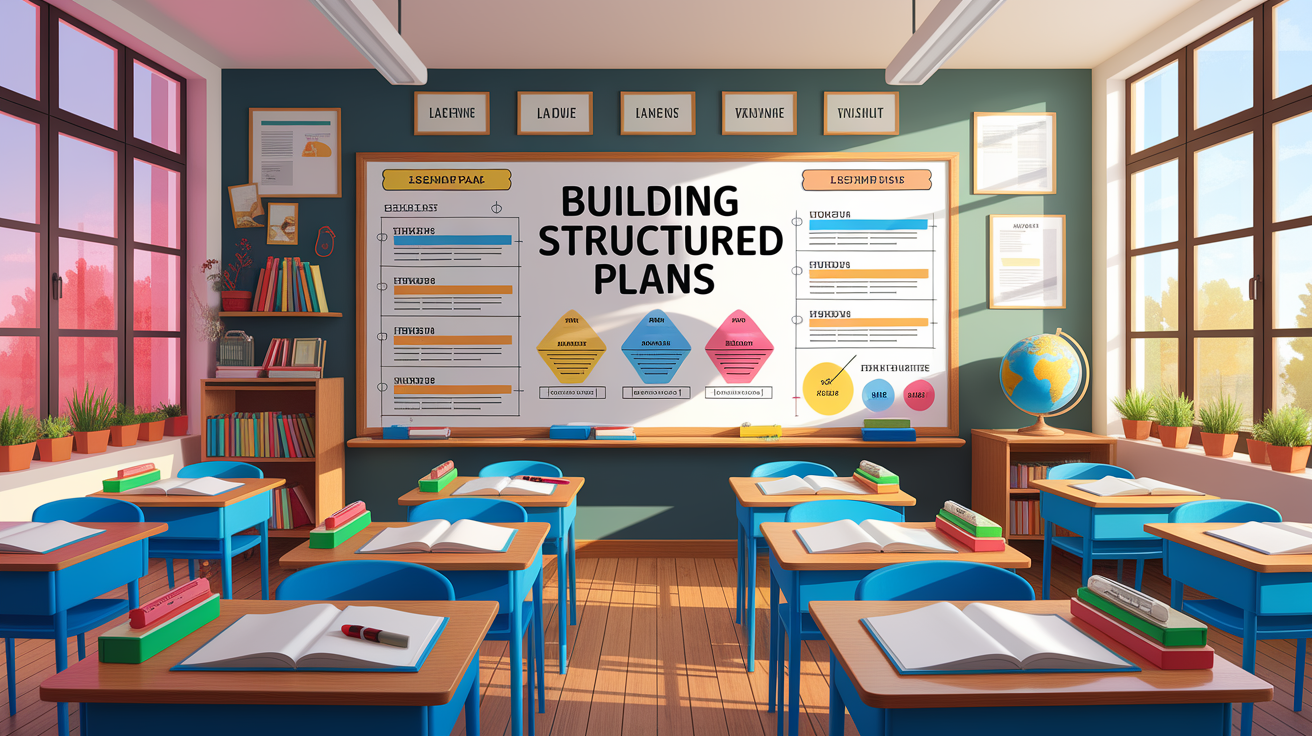 A conceptual illustration representing Build Structured Lesson Plans. Visualize the main ideas: . Creative but clear representation of the concept. Style: photorealistic. high quality, detailed, professional, clean composition, good lighting, sharp focus, well-composed. high quality, professional, detailed, well-composed