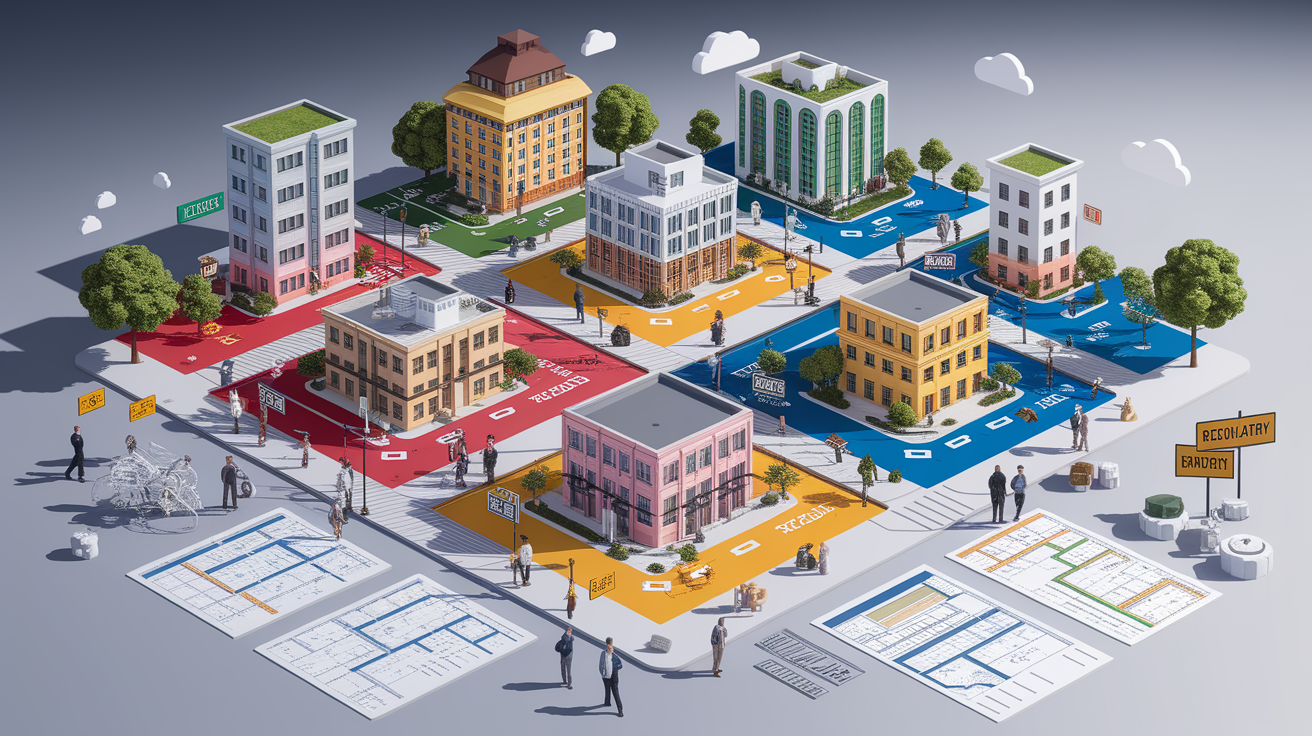 A conceptual illustration representing Understanding Zoning and Regulatory Basics. Visualize the main ideas: . Creative but clear representation of the concept. Style: photorealistic. high quality, detailed, professional, clean composition, good lighting, sharp focus, well-composed. high quality, professional, detailed, well-composed