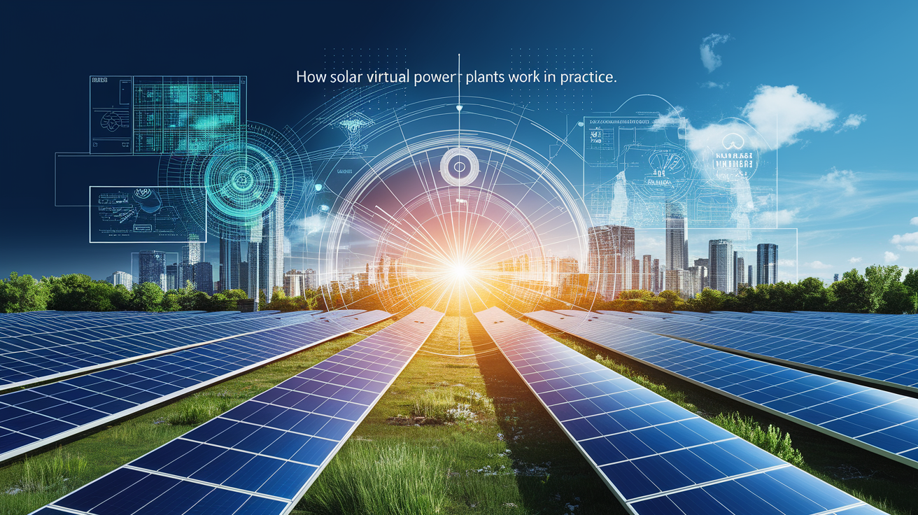 A conceptual illustration representing How Solar Virtual Power Plants Work in Practice. Visualize the main ideas: . Creative but clear representation of the concept. Style: Visual Theme: Clean, modern aesthetic with high contrast and vibrant energy. Emphasize the intersect. high quality, detailed, professional, clean composition, good lighting, sharp focus, well-composed. high quality, professional, detailed, well-composed