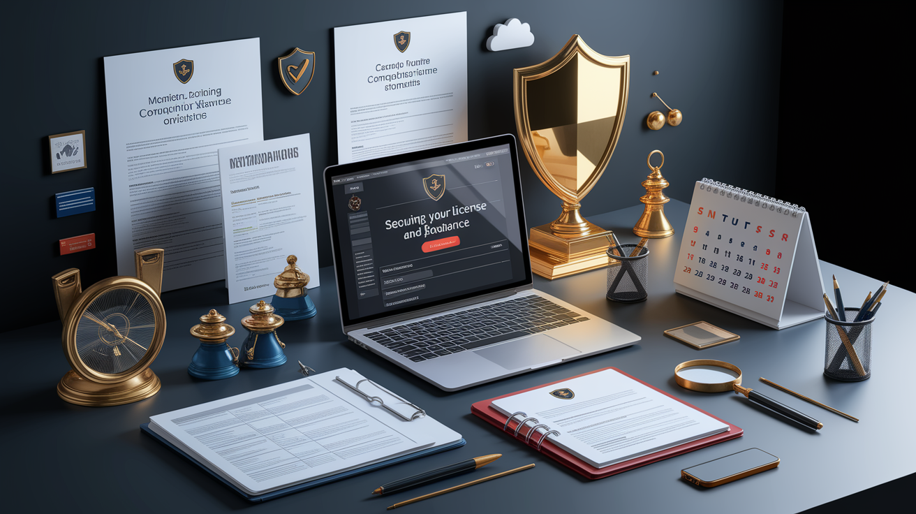 A conceptual illustration representing Securing Your STR License and Ensuring Compliance. Visualize the main ideas: . Creative but clear representation of the concept. Style: photorealistic. high quality, detailed, professional, clean composition, good lighting, sharp focus, well-composed. high quality, professional, detailed, well-composed