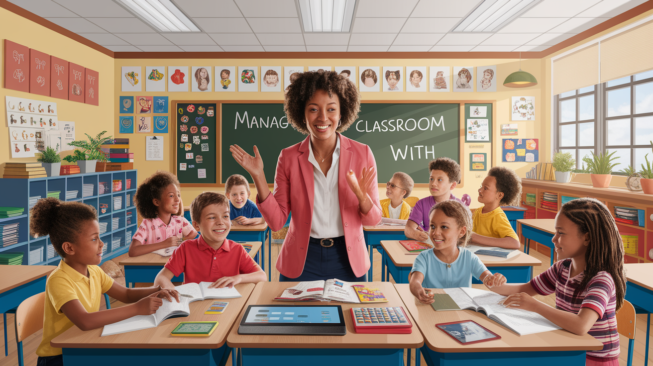 A conceptual illustration representing Manage Classroom With Ease. Visualize the main ideas: . Creative but clear representation of the concept. Style: photorealistic. high quality, detailed, professional, clean composition, good lighting, sharp focus, well-composed. high quality, professional, detailed, well-composed