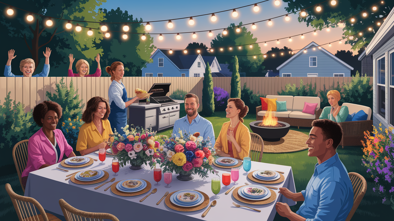 A conceptual illustration representing Hosting Best Practices to Keep Guests and Neighbors Happy. Visualize the main ideas: . Creative but clear representation of the concept. Style: photorealistic. high quality, detailed, professional, clean composition, good lighting, sharp focus, well-composed. high quality, professional, detailed, well-composed