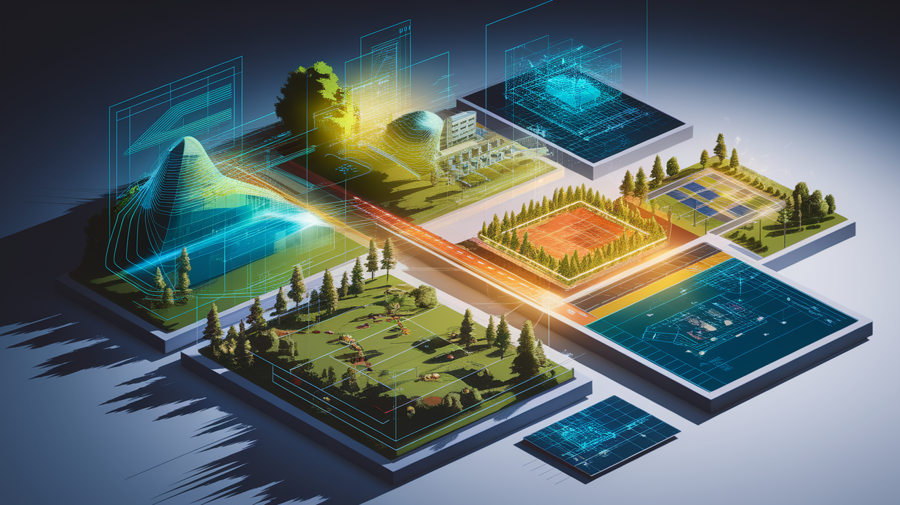 A conceptual illustration representing Strategic Site Assessment and Design. Visualize the main ideas: . Creative but clear representation of the concept. Style: Visual Theme: Clean, modern aesthetic with high contrast and vibrant energy. Emphasize the intersect. high quality, detailed, professional, clean composition, good lighting, sharp focus, well-composed. high quality, professional, detailed, well-composed