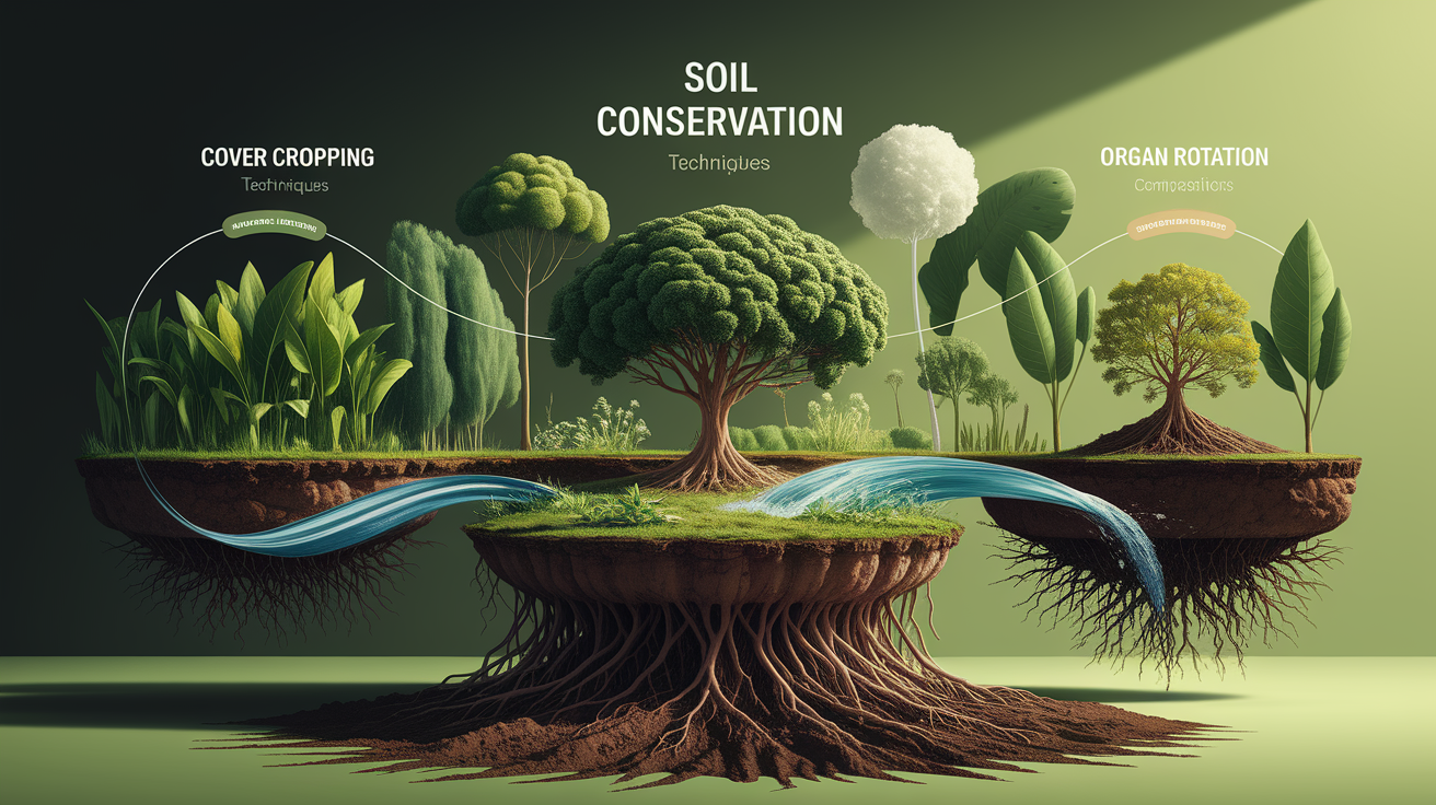 A conceptual illustration representing Soil Conservation and Enhancement Techniques. Visualize the main ideas: . Creative but clear representation of the concept. Style: Visual Theme: Clean, modern aesthetic with high contrast and vibrant energy. Emphasize the intersect. high quality, detailed, professional, clean composition, good lighting, sharp focus, well-composed. high quality, professional, detailed, well-composed