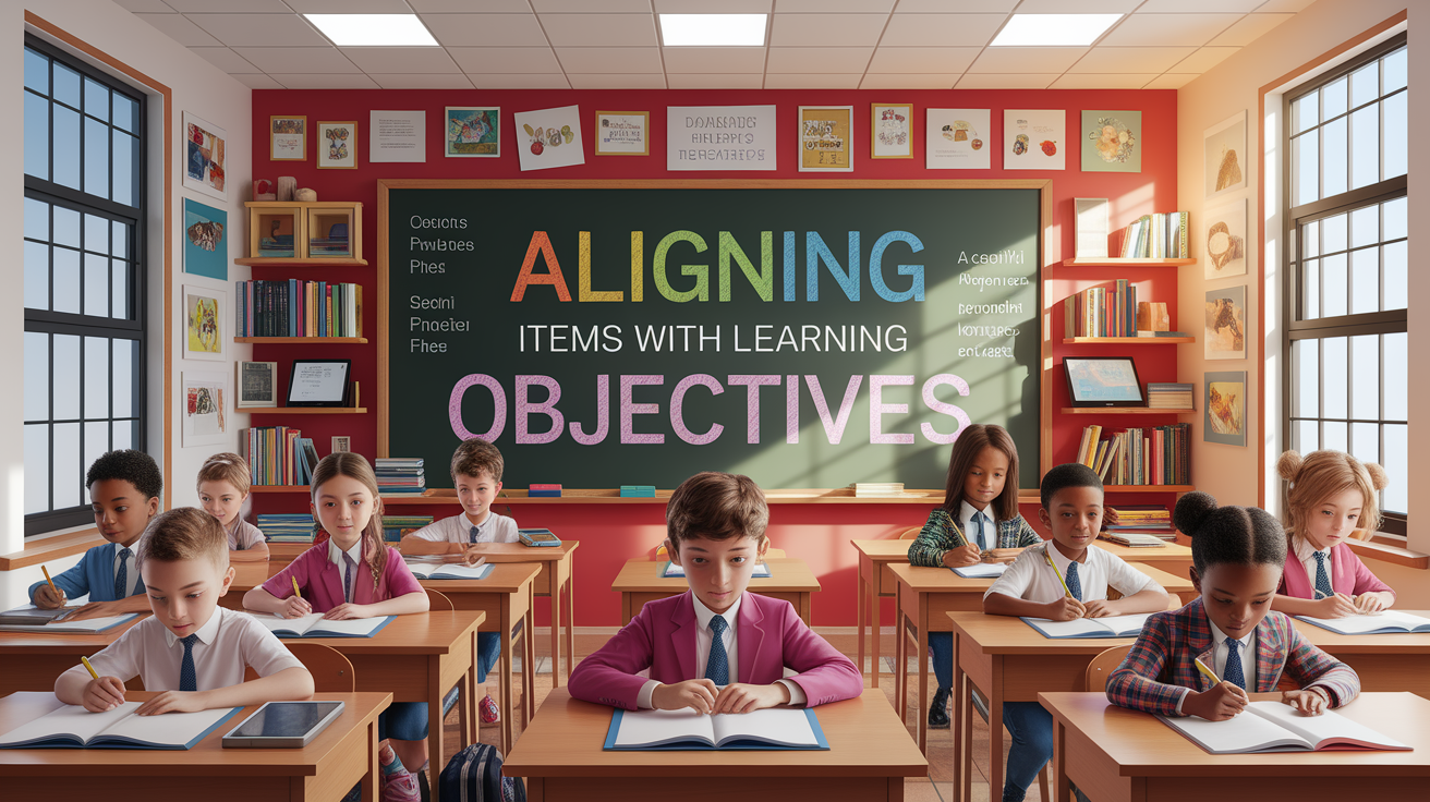 A conceptual illustration representing Aligning Items with Learning Objectives. Visualize the main ideas: . Creative but clear representation of the concept. Style: photorealistic. high quality, detailed, professional, clean composition, good lighting, sharp focus, well-composed. high quality, professional, detailed, well-composed