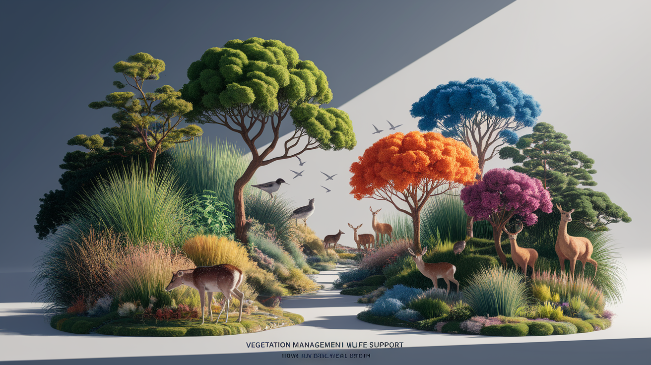 A conceptual illustration representing Vegetation Management and Wildlife Support. Visualize the main ideas: . Creative but clear representation of the concept. Style: Visual Theme: Clean, modern aesthetic with high contrast and vibrant energy. Emphasize the intersect. high quality, detailed, professional, clean composition, good lighting, sharp focus, well-composed. high quality, professional, detailed, well-composed