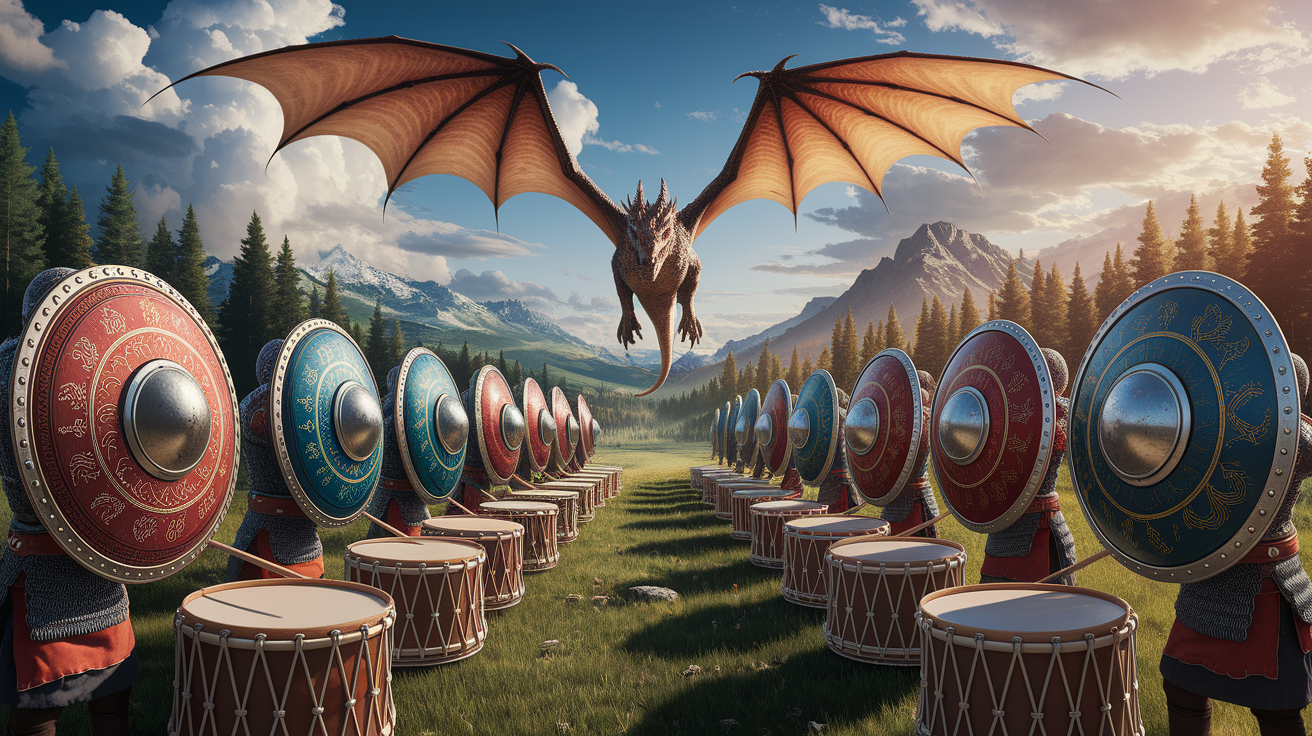 A conceptual illustration representing Shields, Dragons & Drumbeats: An Introduction. Visualize the main ideas: . Creative but clear representation of the concept. Style: photorealistic. high quality, detailed, professional, clean composition, good lighting, sharp focus, well-composed. high quality, professional, detailed, well-composed