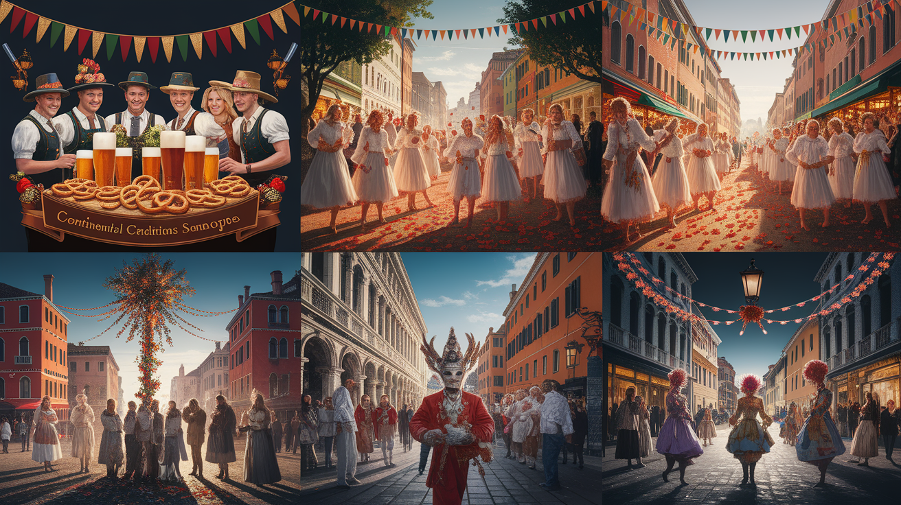 A conceptual illustration representing Continental Celebrations: Festive Traditions Across Europe. Visualize the main ideas: . Creative but clear representation of the concept. Style: photorealistic. high quality, detailed, professional, clean composition, good lighting, sharp focus, well-composed. high quality, professional, detailed, well-composed