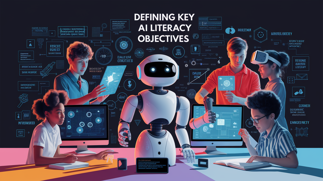 A conceptual illustration representing Defining Key AI Literacy Objectives. Visualize the main ideas: . Creative but clear representation of the concept. Style: photorealistic. high quality, detailed, professional, clean composition, good lighting, sharp focus, well-composed. high quality, professional, detailed, well-composed
