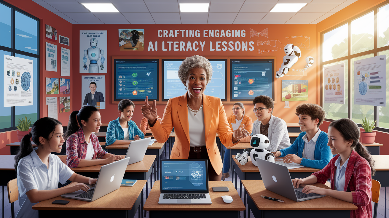A conceptual illustration representing Crafting Engaging AI Literacy Lessons. Visualize the main ideas: . Creative but clear representation of the concept. Style: photorealistic. high quality, detailed, professional, clean composition, good lighting, sharp focus, well-composed. high quality, professional, detailed, well-composed