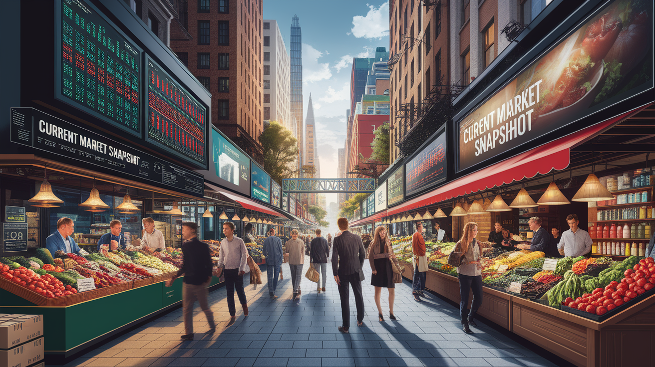 A conceptual illustration representing Current Market Snapshot. Visualize the main ideas: . Creative but clear representation of the concept. Style: photorealistic. high quality, detailed, professional, clean composition, good lighting, sharp focus, well-composed. high quality, professional, detailed, well-composed